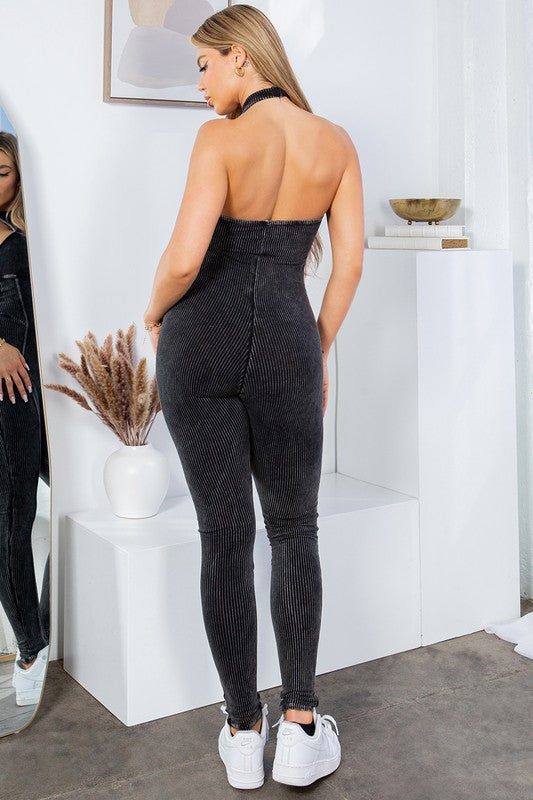 Myra Jay Mineral Washed Cutout Corset Jumpsuit- Black